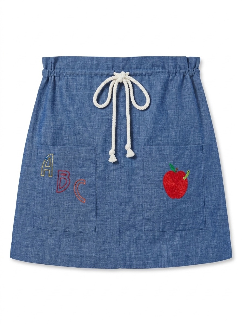 Hand-Made Chambray Drawstring Pocket Skirt with Apple and ABC Embroidery - Picture 2 of 5